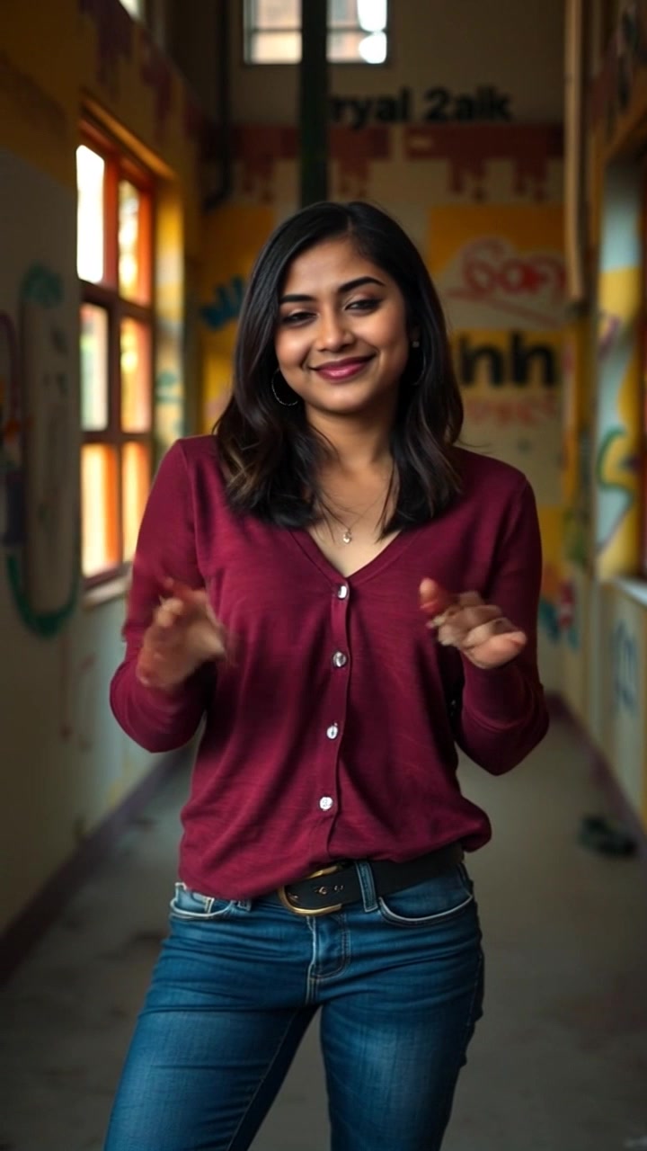 Subject: A confident person gesturing in a bright room. Subject movement: Priya stands still with a slight smile, making dynamic gestures to emphasize her surroundings. Scene: A well-lit, modern room with vibrant decor, highlighting an inviting atmosphere. Lighting: Bright, cheerful daylight streaming through large windows. Motion: The camera slowly pans around Priya, capturing her expressions and gestures, creating an engaging and interactive feel.