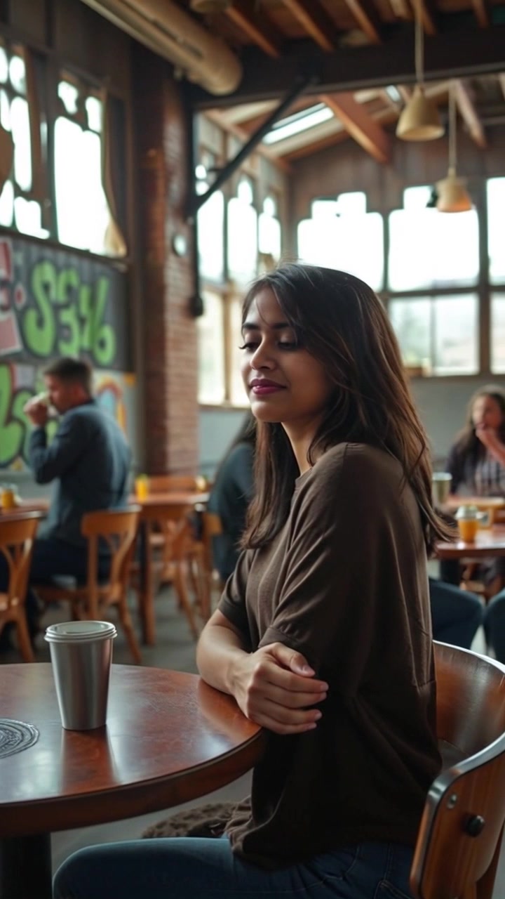 Scene: A cozy coffee shop filled with warm decor and soft chatter, with Priya sitting at a table sipping her drink. Motion: The camera gently pans across the bustling café, capturing various patrons engaged in lively conversation and laughter, lingering occasionally on Priya's reflective expression. Style: Morning light filtering through large windows, creating an inviting and warm atmosphere, with a slight depth of field that blurs the background action.