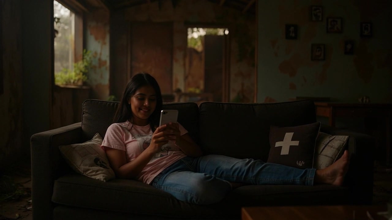 Subject: A young woman relaxing on a dark sofa. Subject movement: She shifts slightly, scrolling through her smartphone, a faint smile appearing on her face. Scene: A cozy, dimly lit rustic room adorned with wooden beams and soft textiles, creating an inviting atmosphere. Style: Warm, ambient lighting enhances the relaxed, intimate feel of the space. Motion: The camera gently pushes in on the woman, capturing her engagement with the phone, then shifts to reveal the charming details of the rustic setting.