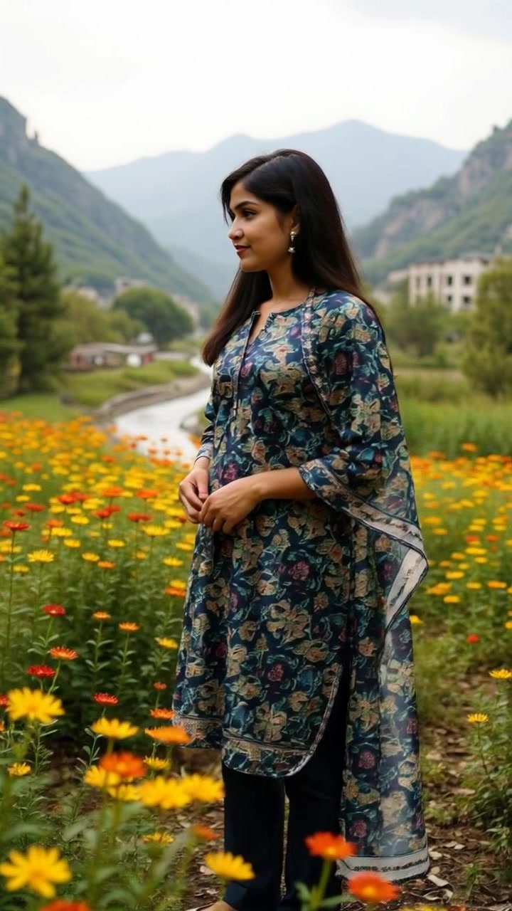 Subject: A woman named Priya standing in front of a blooming garden. Subject movement: Priya gently sways side to side, taking in the vibrant colors of the flowers around her. Scene: A vibrant garden filled with a variety of blooming flowers, rich in color and fragrance. Style: Soft, diffused light filtering through the petals, creating an inviting atmosphere. Motion: Camera slowly pushes in on Priya, capturing her expression of awe, then pans out slightly to reveal the lush garden backdrop, intertwining her movements with the symphony of nature.