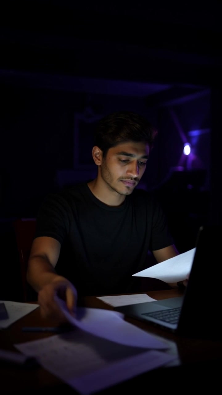 Subject: A focused individual at a cluttered workspace, immersed in work. Subject movement: The individual shifts papers and types intently on the laptop. Scene: A bustling workspace filled with scattered documents and a glowing laptop screen, showcasing a sense of urgency. Style: Natural, soft lighting providing a warm ambiance. Motion: The camera subtly pushes in to capture the individual's furrowed brow, then transitions to a close-up of their hands interacting with the laptop, emphasizing the concentration and busyness of the environment.
