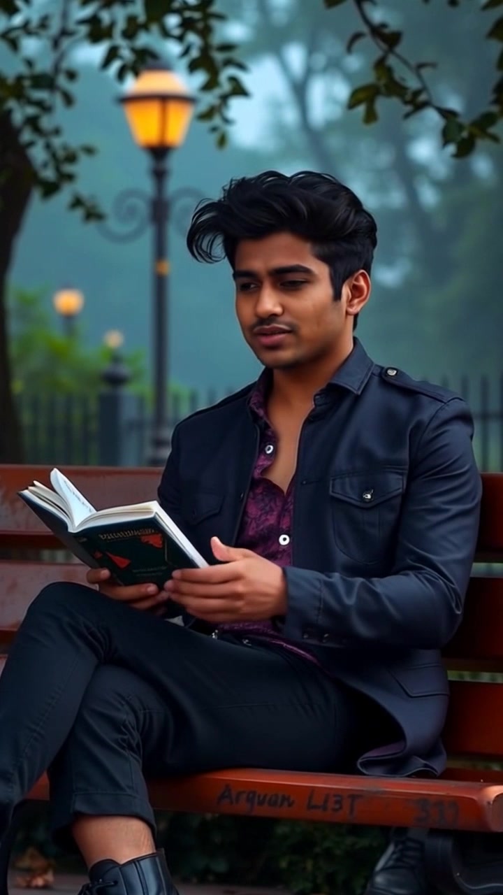 Subject: A person sitting on a park bench, appearing relaxed while holding a book. Subject movement: The person gestures gently with their hands as they speak thoughtfully. Scene: A serene park setting filled with lush greenery and distant trees, offering a tranquil atmosphere. Style: Soft, ambient morning light illuminating the scene with a gentle glow. Motion: The camera slowly pushes in on the person, capturing their expressions, then gently pulls back to reveal the peaceful surroundings.