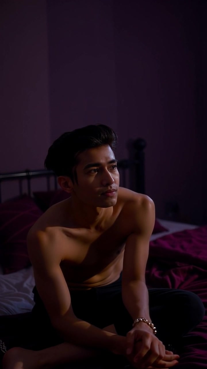 Scene: A dimly lit bedroom with soft shadows playing across the walls, featuring a neatly made bed where a person sits in thoughtful contemplation. Style: Warm, moody lighting that enhances the introspective atmosphere of the space. Motion: The camera gently pushes in from the corner of the room, creating a sense of intimacy as it captures the serene ambiance and the solitary figure's quiet reflection.