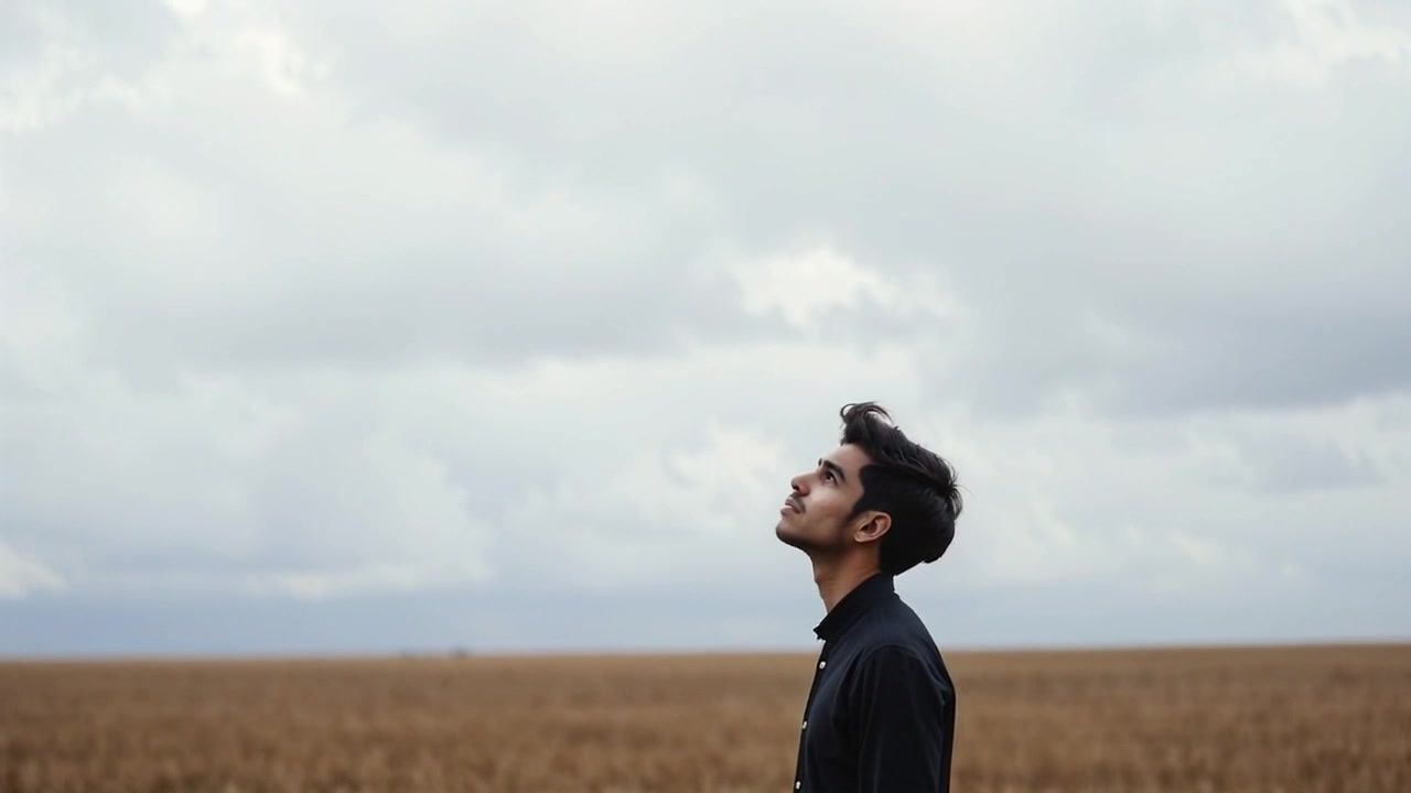 Subject: A person standing alone in a vast field. Subject movement: The person stands still, gazing thoughtfully upwards at the billowing clouds. Scene: Expansive green field stretching to the horizon under a moody, overcast sky. Style: Soft, diffused lighting creating a reflective atmosphere. Motion: The camera slowly pushes in from a wide shot to a closer view, capturing the depth of the field and the person's expression of contemplation.