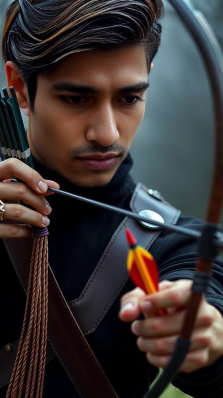 Subject: Hands skillfully nocking an arrow onto a bow string. Subject movement: The hands are gently positioning the arrow and string with precision. Scene: A close-up view of hands engaged in archery, with a blurred backdrop of a serene natural setting. Style: Warm, golden-hour light illuminating the texture of the fingers and bow. Motion: The camera focuses tightly on the hands as they move in fluid motion, creating a bokeh effect that accentuates the skillful action.