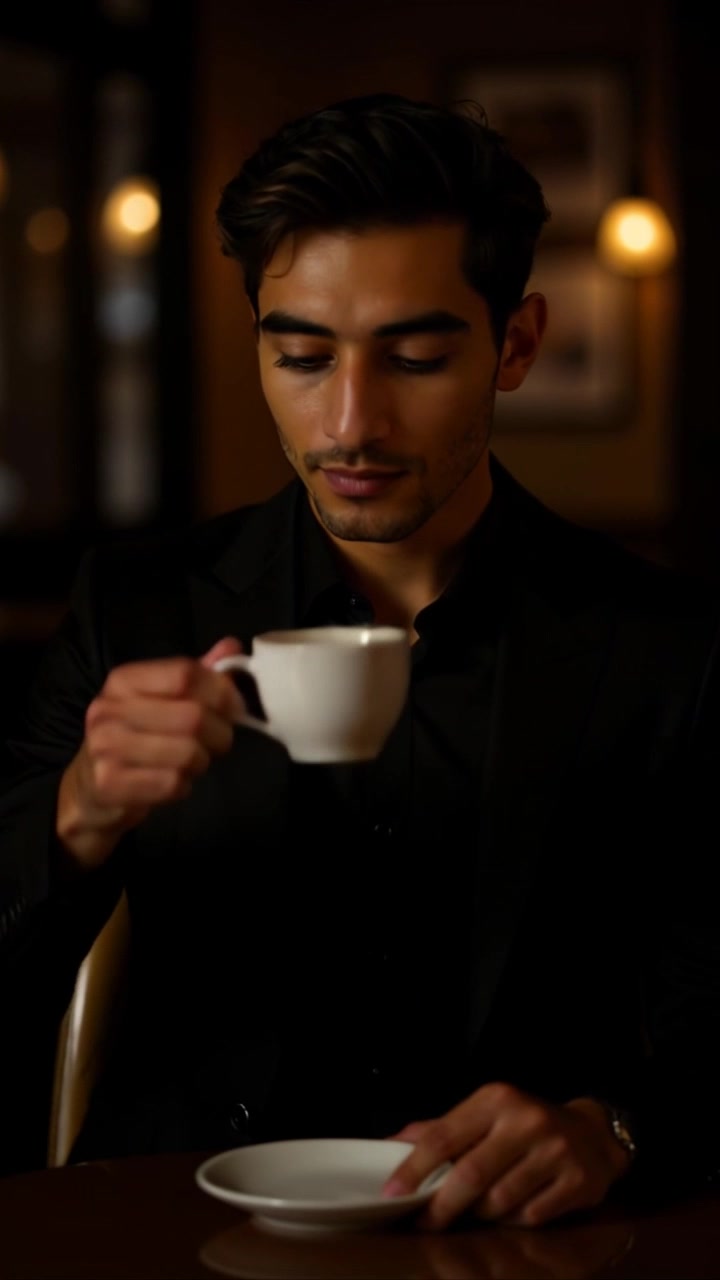 Subject: A young man with dark hair in a black suit. Subject movement: The man lifts the coffee cup to his lips, taking a sip, with a slight smile. Scene: Dimly lit room with warm accents, plush furnishings enhancing the atmosphere. Style: Soft ambient lighting creates a cozy, intimate setting. Motion: Camera slowly pushes in from a wider angle to focus closely on the subject, capturing the movement and expression.