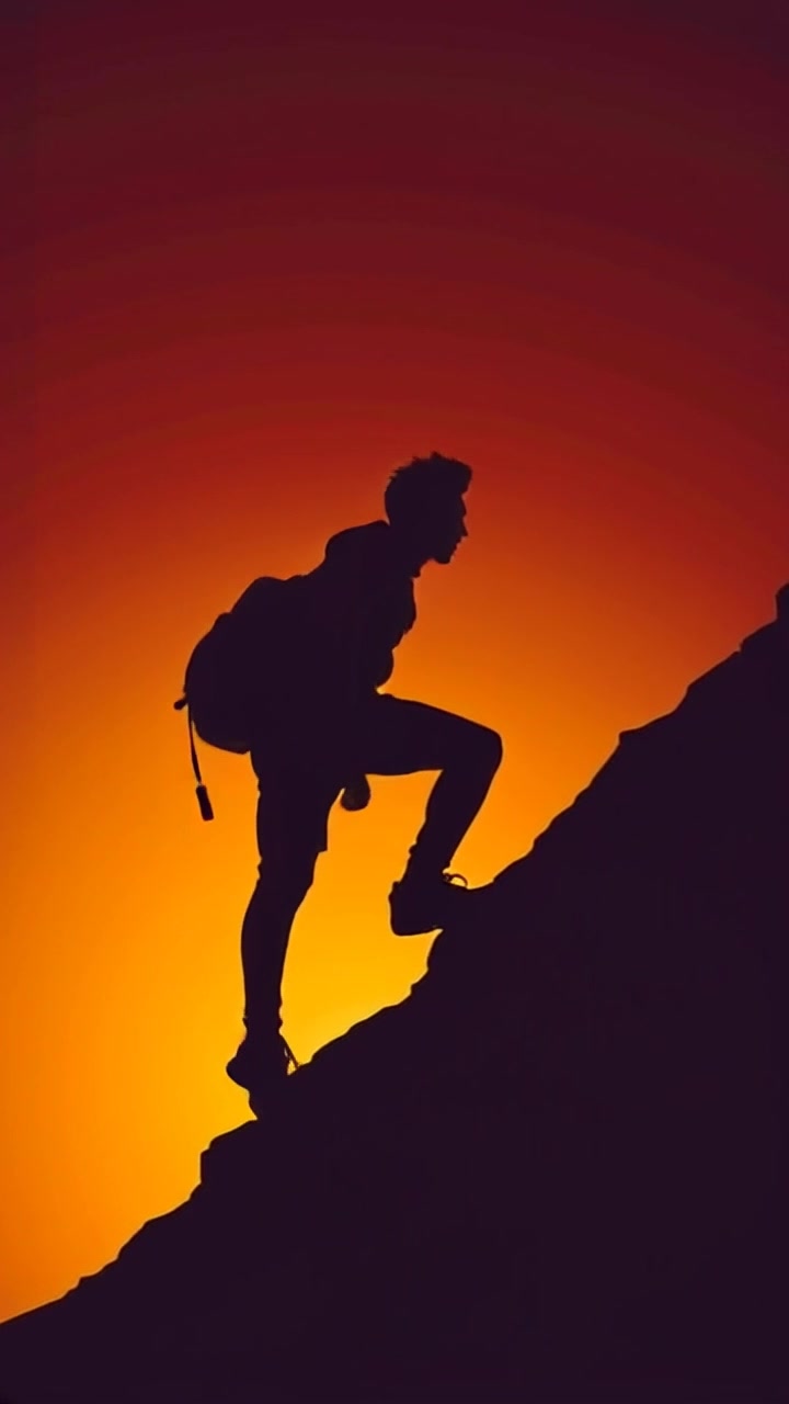 Subject: A person climbing a steep hill with visible determination. Subject movement: The climber steadily ascends, muscles straining against the incline, with focused intensity on their face. Scene: A rugged, steep hill set against a dramatic skyline, the sun illuminating the path ahead. Style: Crisp morning light highlighting the contours of the terrain, casting long shadows that add depth and texture. Motion: The camera follows closely behind, capturing the climber's steady progress and panoramic views of the stunning landscape surrounding the hill.