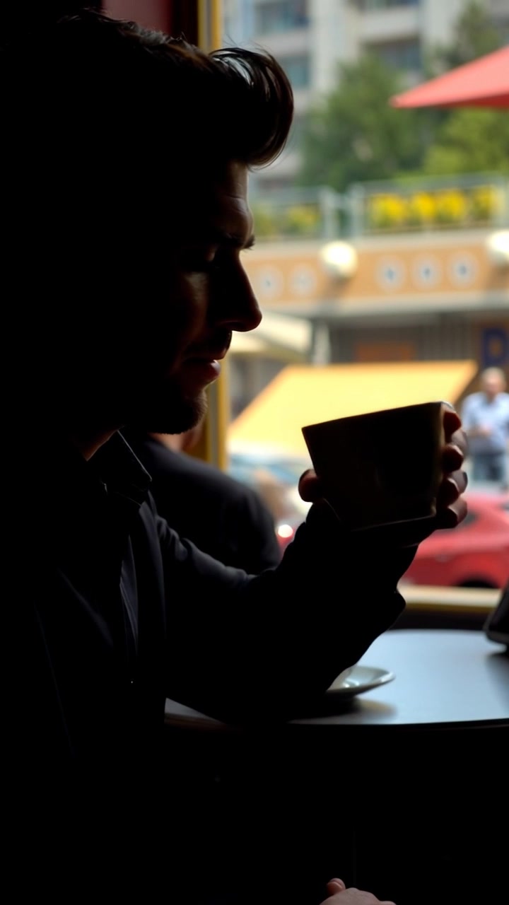 Scene: A cozy coffee shop filled with comfortable seating and warm, inviting decor. Style: Soft morning light filtering through large windows, creating a tranquil atmosphere. Motion: Camera slowly pushes in on the man, focusing on his contemplative expression as he sips his coffee, while the gentle hum of chatter and clinking cups fills the background.