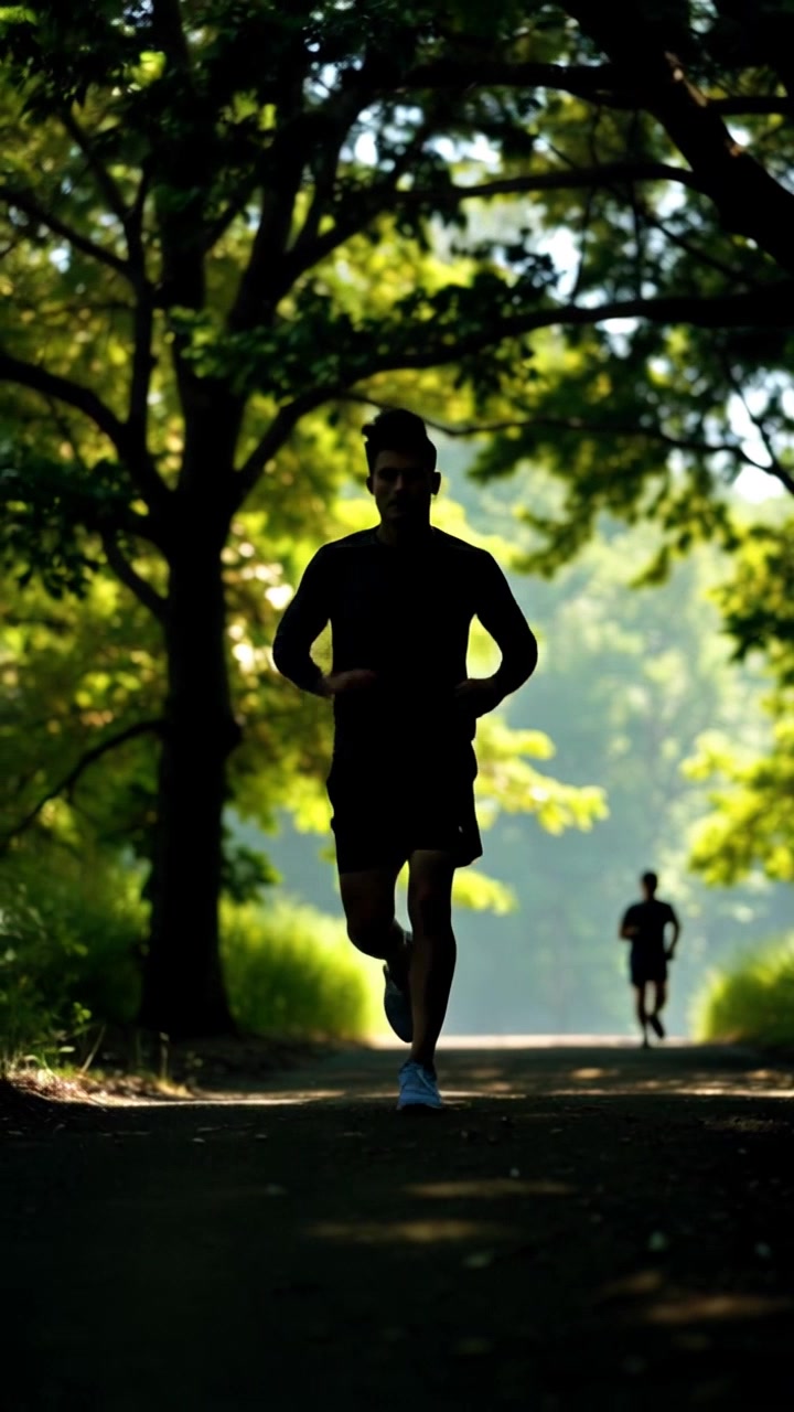 Subject: A man jogging determinedly along a winding trail. Subject movement: He strides purposefully, legs pumping in a rhythmic motion as he navigates through the shaded path. Scene: A lush, green forest surrounds the trail, with sunlight filtering through the thick canopy above. Style: Vibrant morning light illuminates the scene, casting dappled patterns on the ground. Motion: Camera tracks alongside the runner, smoothly gliding to keep pace while framing him against the stunning backdrop of trees.