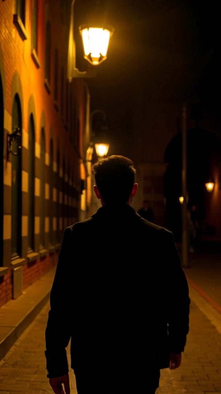 Subject: A figure walking down a dimly lit street. Subject movement: The figure strides purposefully along the wet pavement, illuminated by the flickering glow of an overhead streetlamp. Scene: A quiet, atmospheric street at night, shadows creeping along the walls of old buildings. Style: Moody and mysterious lighting created by the flickering lamp, enhancing the tension of the scene. Motion: Camera follows closely behind, gently tracking the movement as the figure walks, capturing the reflections on the wet ground and the sudden flicker of light overhead.