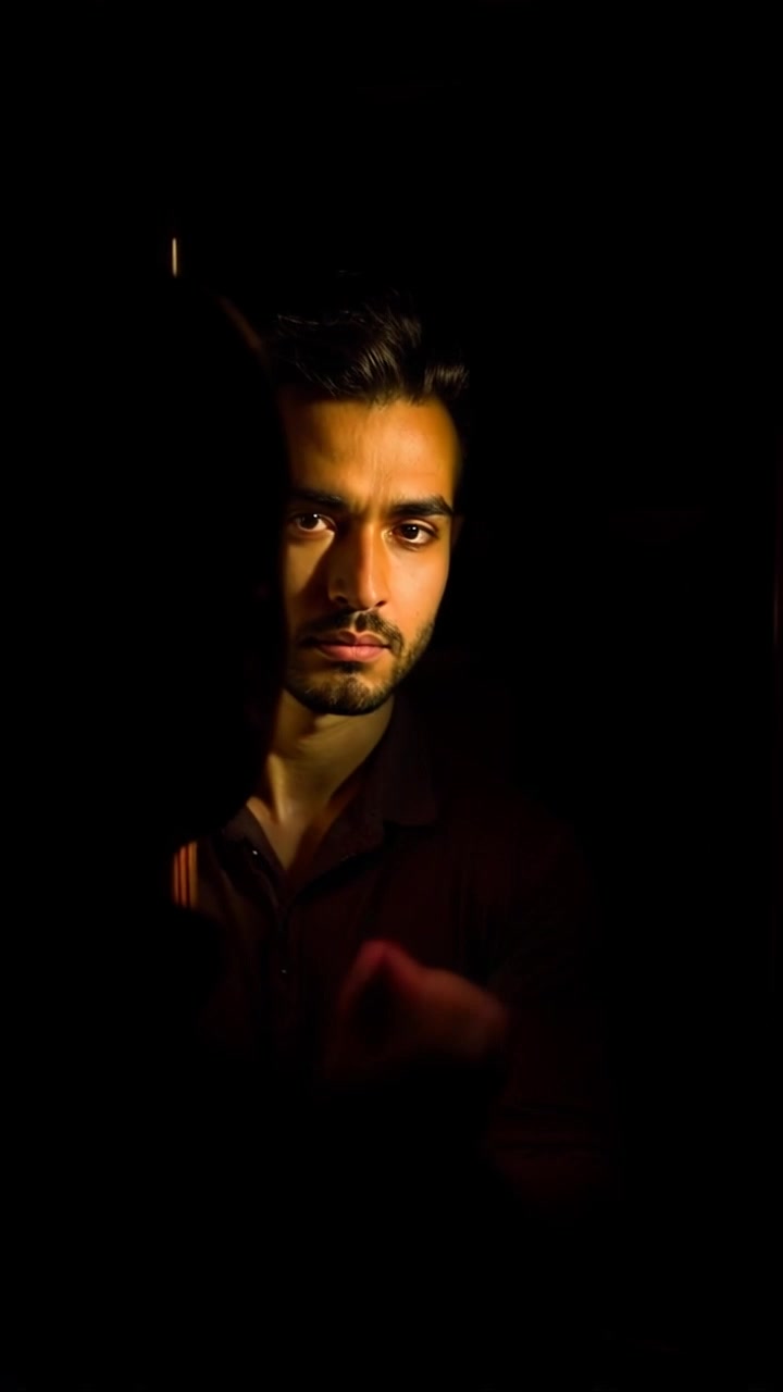 Subject: A person standing confidently in front of a mirror, gazing intently at their reflection with a determined expression. Subject movement: The person subtly shifts their weight from one foot to the other, radiating a sense of focus and self-assurance. Scene: An intimate, warmly lit room with soft shadows dancing along the walls, the mirror reflecting both the subject and the inviting decor around them. Motion: A smooth close-up camera push toward the mirror, capturing the nuances of the person's expression while maintaining an intimate connection to the surrounding ambiance.