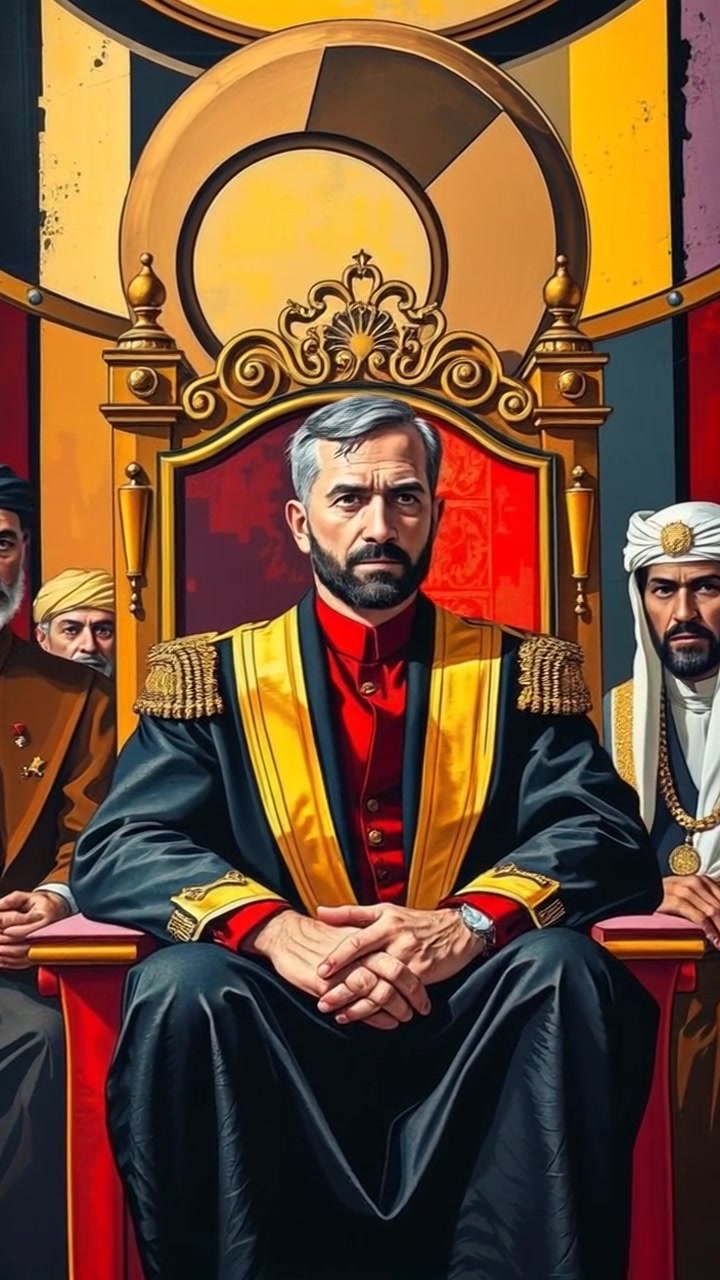 Scene: Khalifah Al-Mansur seated regally on a grand throne, surrounded by advisors in a richly decorated room filled with ornate patterns and luxurious fabrics. Style: Ambient lighting casting warm glows on the intricate details of the room, enhancing the opulent atmosphere. Motion: Camera slowly pushes in, capturing the dignified expressions of the Khalifah and his advisors, with a subtle tilt that emphasizes the grandeur of the throne and the lavish décor.