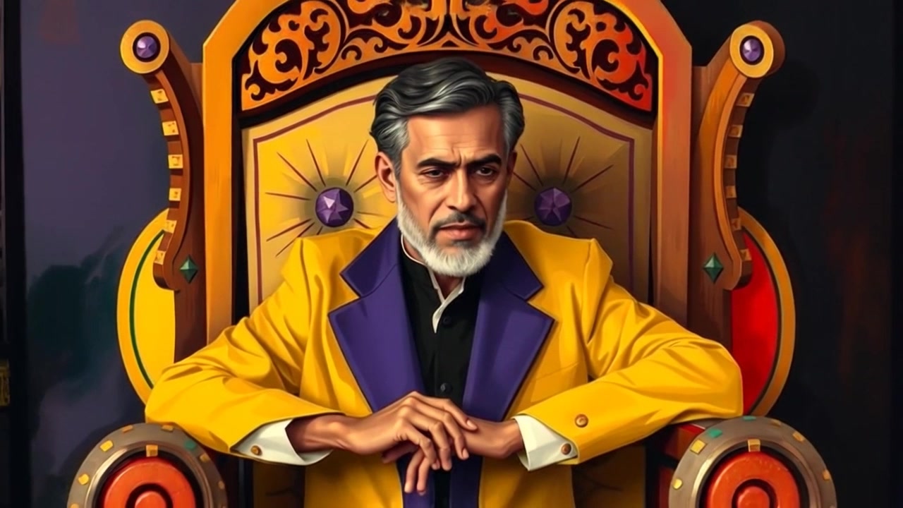 Subject: A person seated in a grand, ancient-looking chair, speaking calmly. Scene: A richly decorated study room filled with historical artifacts, warm tones and intricate details of the furniture. Lighting: Soft, warm light illuminating the space, creating a cozy yet serious atmosphere. Motion: The camera slowly pushes in from a wide angle to focus on the speaker, capturing the intricate textures of the chair and the intensity of the expression.