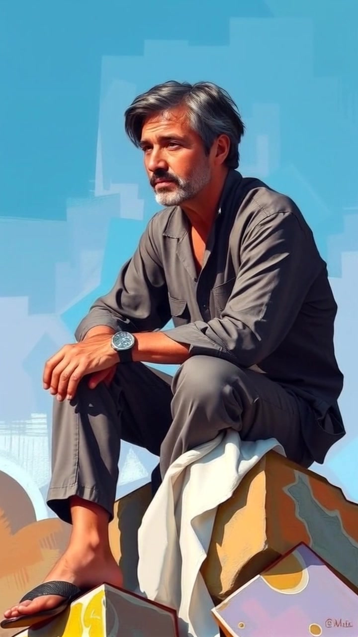 Scene: A young person sitting on a large rock, gazing thoughtfully into the distance under a clear blue sky. Style: Bright, afternoon light creates a serene and contemplative atmosphere. Motion: The camera slowly pushes in on the figure, capturing the thoughtful expression as they take a deep breath, with soft rustling grass in the foreground.
