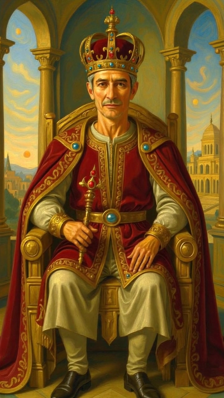 Subject: A wise figure seated on a grand throne. Scene: The lavish hall is adorned with intricate decorations and rich fabrics, creating a regal atmosphere. Lighting: Soft, ambient light illuminates the throne, highlighting the figure's calm demeanor. Motion: The camera slowly pushes in from across the hall, focusing on the figure, while capturing the opulence of the surroundings.
