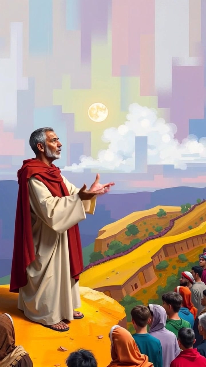 Subject: A speaker standing on a hillside, addressing an engaged crowd below. Subject movement: The speaker gestures passionately, capturing the attention of the followers. Scene: A dynamic hillside overlooking a gathering of people, with a backdrop of rolling hills and an expansive sky. Lighting: Afternoon sunlight bathes the scene, casting a warm glow over the crowd and the speaker. Motion: The camera starts with a wide-angle view of the hillside and slowly zooms in, creating an intimate connection between the speaker and the audience.