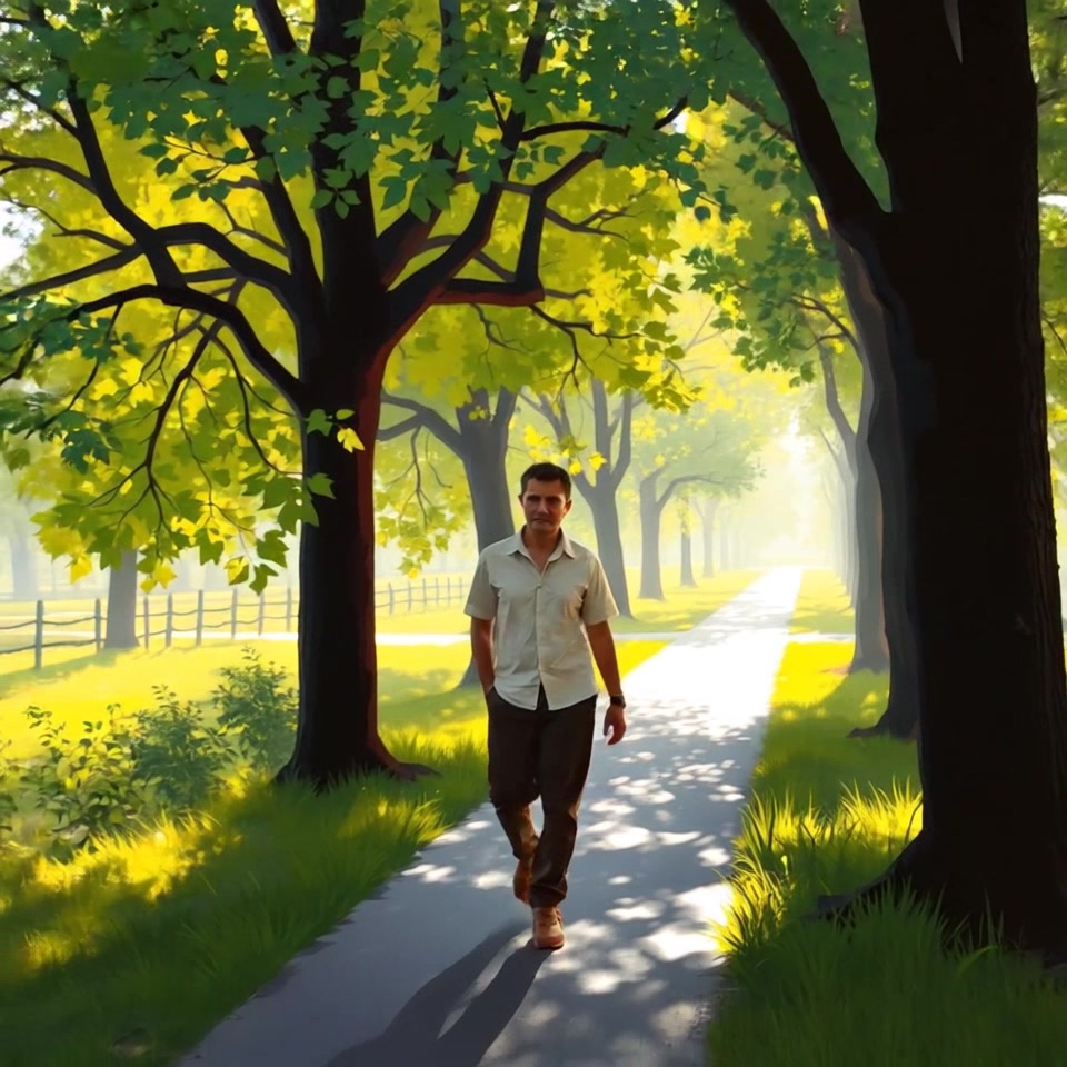Subject: A person strolling peacefully along a quiet pathway. Subject movement: The individual walks calmly, taking leisurely steps under a canopy of trees. Scene: A serene pathway surrounded by tall trees with sunlight streaming through the leaves, creating dappled patterns on the ground. Style: Warm afternoon light that enhances the vibrant greens of the foliage while casting soft shadows. Motion: The camera glides along the path at a gentle pace, tracking the person as they navigate through the tranquil environment.