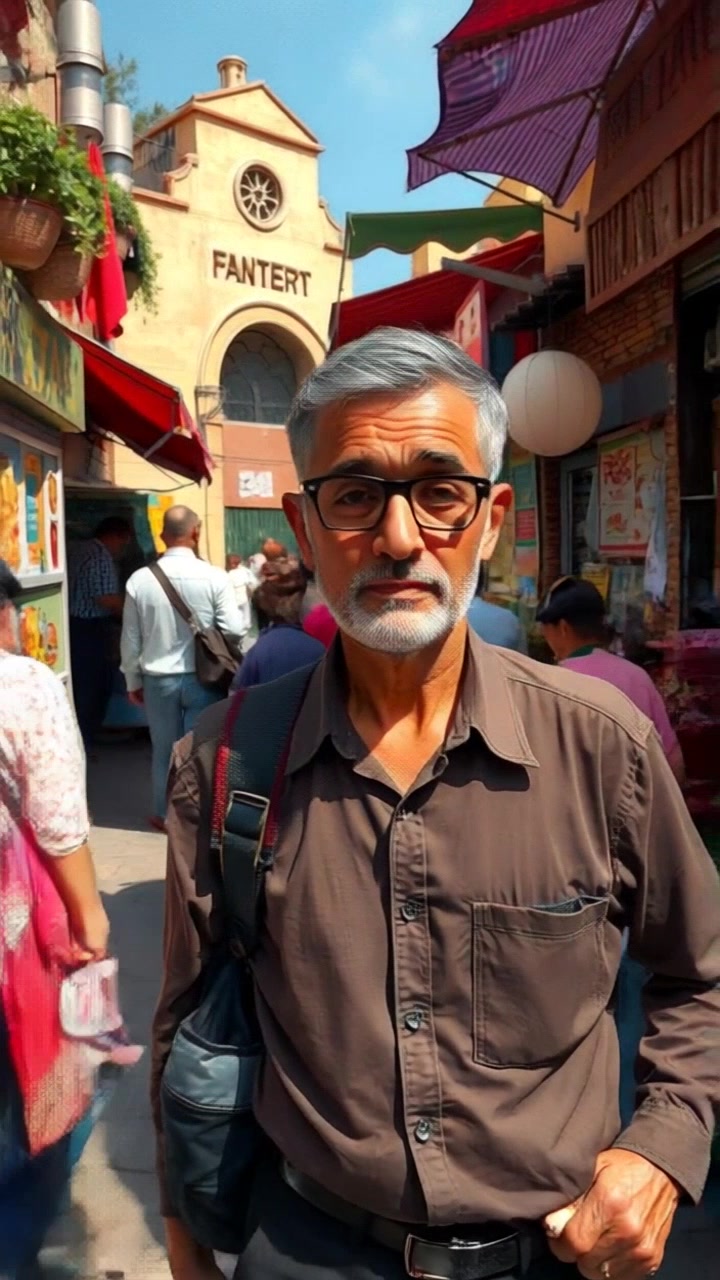 Subject: A person named Omar walking through a vibrant marketplace. Subject movement: Omar strides confidently amongst the throngs of shoppers, engaging with vendors as he moves. Scene: A bustling marketplace filled with colorful stalls, lively chatter, and an array of enticing goods on display. Style: Bright, natural lighting illuminating the rich colors of the surroundings with a warm, inviting atmosphere. Motion: The camera follows Omar with a handheld tracking shot, weaving through the crowd to capture the dynamic energy of the marketplace.