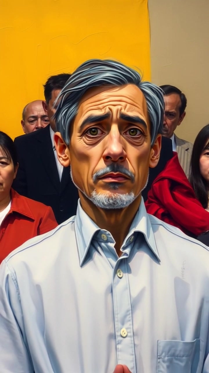Subject: A person standing in front of a group, conveying a worried expression while admitting wrongdoing. Subject movement: The person shifts nervously from side to side, hands clasped in front, while the group watches attentively. Scene: An indoor gathering room with a circle of chairs, soft lighting highlighting the tense atmosphere. Style: Warm indoor lighting under low-key conditions, enhancing the mood of confession. Motion: The camera slowly dolly in to capture the person's face, then transitions to a close-up of the group's reactions, emphasizing the weight of the moment.