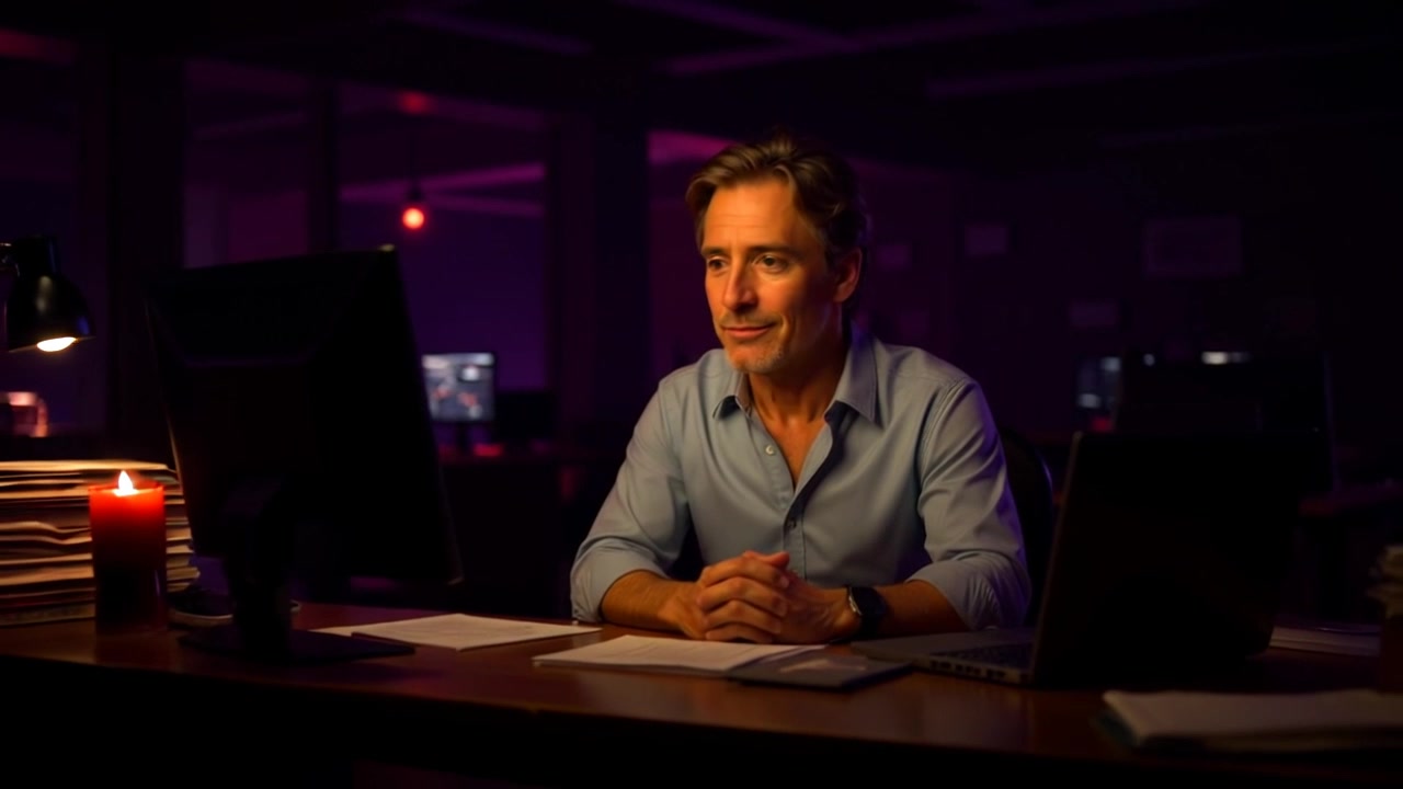 Subject: A person sitting at a cluttered desk filled with paperwork and a laptop, exuding focus and determination. Scene: An intimate office setting bathed in warm candlelight, surrounded by stacks of documents and glowing screens. Motion: Camera begins with a close-up of the person's concentrated expression, then smoothly pulls back to reveal the chaotic yet stimulating environment, emphasizing the contrast between the individual and the clutter. The atmosphere is warm and inviting, enhancing the sense of productivity.