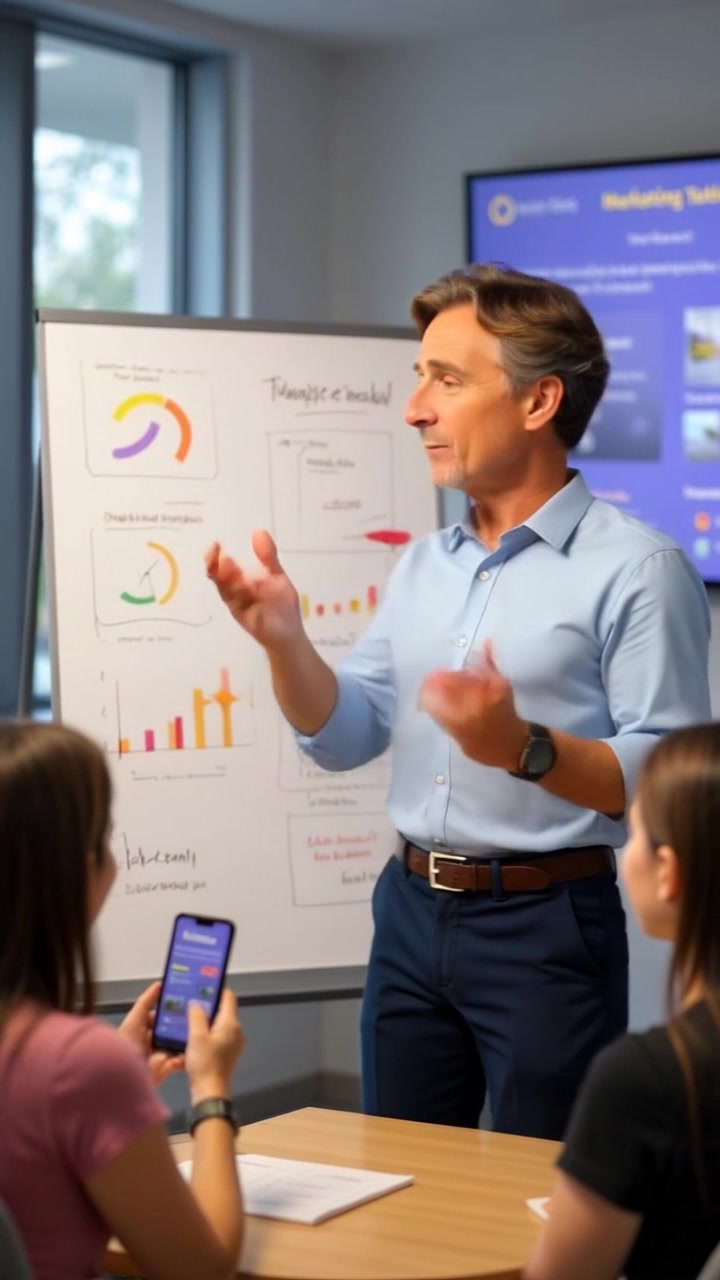 Subject: A person energetically explaining marketing tactics. Subject movement: The person gestures animatedly in front of a whiteboard, pointing to various graphs and charts while maintaining an engaging posture. Scene: An office environment with a large whiteboard filled with colorful diagrams and notes. Style: Bright, well-lit atmosphere conveying a professional yet approachable vibe. Motion: The camera moves in a smooth arc around the speaker to capture their expressions and gestures, emphasizing the dynamic presentation.