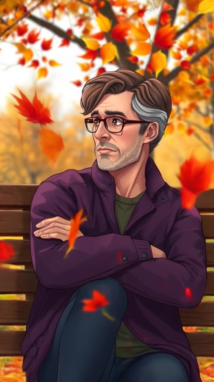 Subject: A person sitting on a park bench with a thoughtful expression. Subject movement: The person gazes into the distance, occasionally shifting their gaze towards the vibrant autumn leaves falling around. Scene: A tranquil park setting in autumn, with a carpet of leaves in various shades of orange, yellow, and red on the ground. Style: Soft, warm afternoon light filtering through the trees, creating gentle shadows and highlighting the colors of the leaves. Motion: Start with a close-up of the person's face, then slowly pull back to reveal the serene park setting, with leaves fluttering down as the camera pans around.