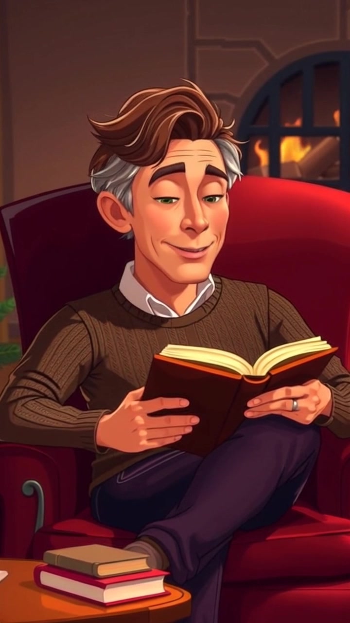 Subject: A person relaxing in a cozy armchair, engrossed in a book. Subject movement: The individual occasionally shifts slightly to get more comfortable while turning pages. Scene: A warm, inviting living room with a softly glowing fireplace in the background. Style: Ambient lighting enhances the cozy atmosphere, with flickering shadows dancing on the walls. Motion: The camera slowly pushes in towards the subject, capturing the serene expression on their face, while maintaining a soft focus on the flames in the fireplace.