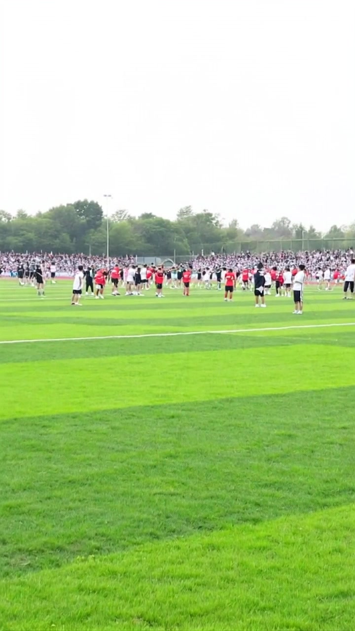 Subject: A focused individual standing on the sidelines, intently observing the game while clutching a clipboard. Scene: A vibrant sports field filled with players, the energy palpable as they engage in an intense match. Style: Bright natural light accentuating the green grass and colorful uniforms in a dynamic atmosphere. Motion: The camera pushes in smoothly on the individual, capturing their concentrated expression, then pans across the playing field to highlight the action, blending into the rhythmic sounds of the game.