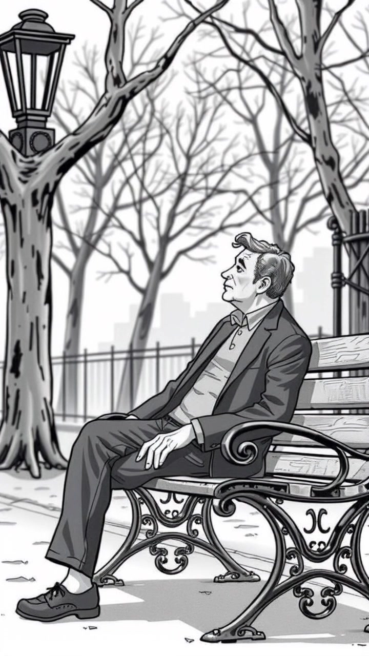 Subject: A person sitting on a park bench, deep in thought with a calm expression. Scene: A tranquil park setting filled with lush greenery and blooming flowers, sunlight filtering through the leaves. Lighting: Soft, golden-hour light creating a warm and inviting atmosphere. Motion: The camera gently pushes in, capturing the serene expression on the person's face, while the surrounding nature sways slightly with the breeze.