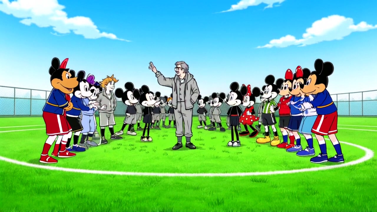 Subject: A passionate coach animatedly guiding his soccer team. Subject movement: The coach gestures enthusiastically, while the players cheer and respond energetically. Scene: Vibrant soccer field filled with excited players in uniforms, bright green grass under a clear blue sky. Style: Bright daylight illuminating the scene, emphasizing the team's excitement and fervor. Motion: Camera performs a smooth dolly in towards the spirited huddle, capturing the dynamics of the interaction as the team rallies around their coach.