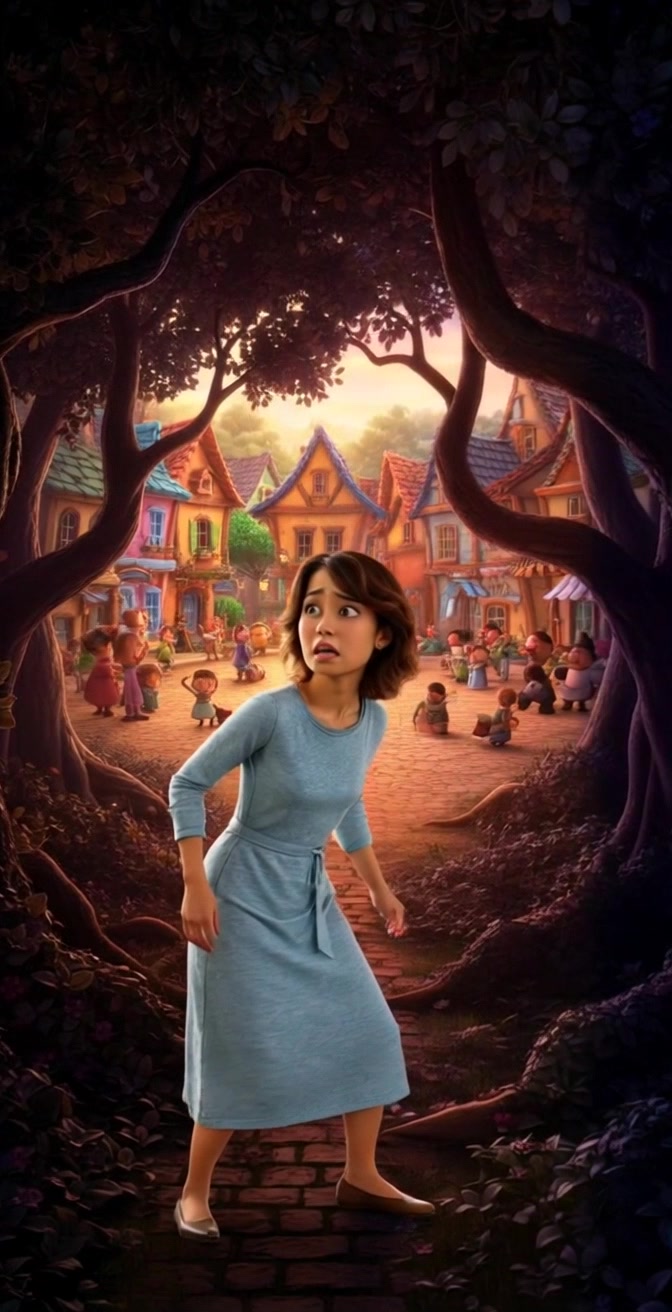 Subject: A young woman in a blue dress, looking anxiously down the dark, tree-covered path. Subject movement: She takes a tentative step forward, glancing back toward the brightly lit village with its colorful houses and bustling crowd. Scene: The scene transitions from the shadowy, overhanging trees of the path to the warm glow of the village, bright with activity. Style: Early evening light creates a contrast between the shadows of the forest and the vibrant colors of the village. Motion: The camera slowly pushes in on the woman as she moves, shifting perspective from her worried expression to reveal the cheerful scene behind her.