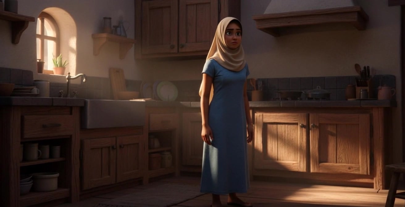 Subject: A young woman wearing a beige hijab and a blue dress. Subject movement: She shifts her weight slightly, displaying a hint of concern or surprise as she gazes toward something unexpected. Scene: A warmly lit wooden kitchen filled with natural textures and cozy decor. Style: Soft, ambient lighting that enhances the warm hues of the wooden fixtures. Motion: The camera gently pushes in on her, capturing her expression and the inviting kitchen atmosphere, creating an intimate focus on the moment.