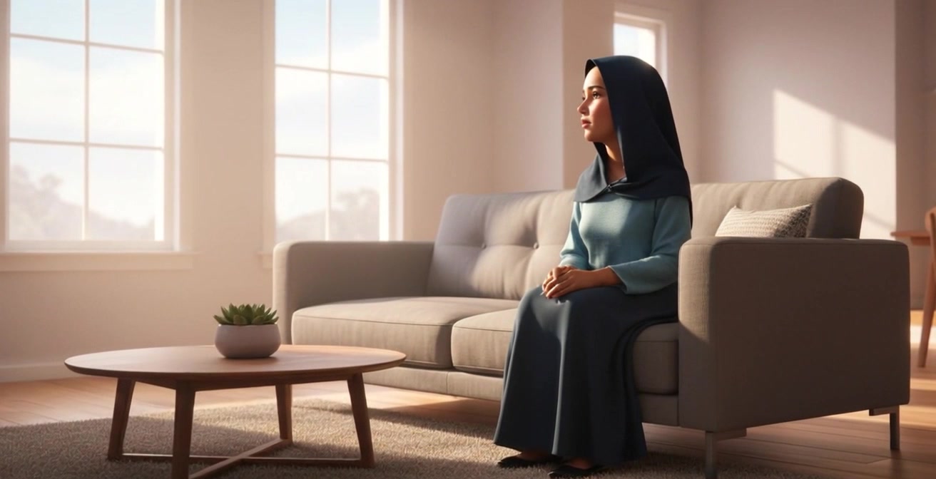 Subject: A young woman in a dark hijab and blue clothing. Subject movement: She shifts slightly on the beige sofa, gazing thoughtfully out of the large windows. Scene: Minimalist living room flooded with sunlight, featuring a round wooden coffee table adorned with a small plant. Style: Warm, inviting lighting highlighting the simplicity of the space. Motion: Camera slowly pushes in to capture the woman's expression, creating an intimate atmosphere as soft shadows play across the room.