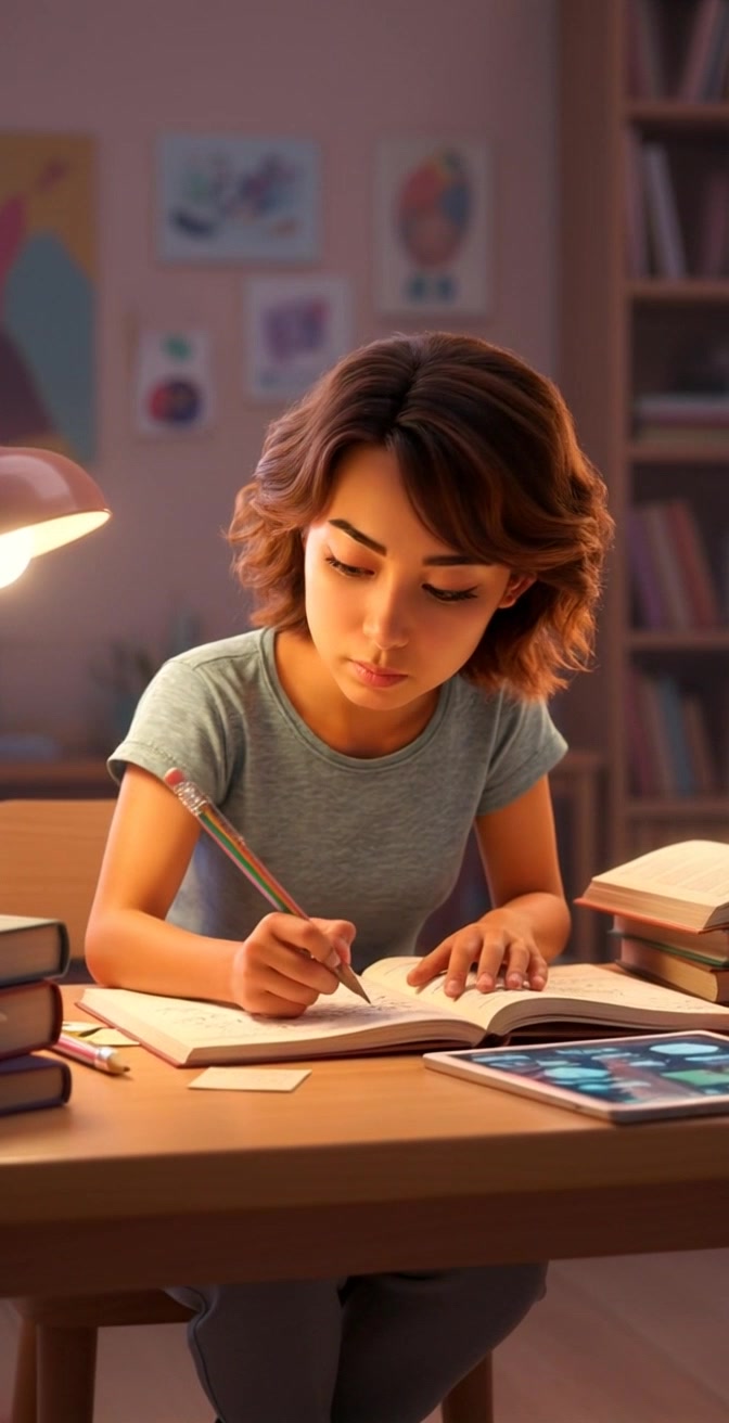 Subject: A young woman studying at her desk. Subject movement: She raises her pencil to jot down notes, glancing thoughtfully at an open book. Scene: Cozy room filled with books and a warm desk lamp illuminating the workspace. Lighting: Soft, warm light creating an inviting atmosphere. Motion: Camera gently pushes in on the subject, capturing her concentration and the details of her cluttered workspace.