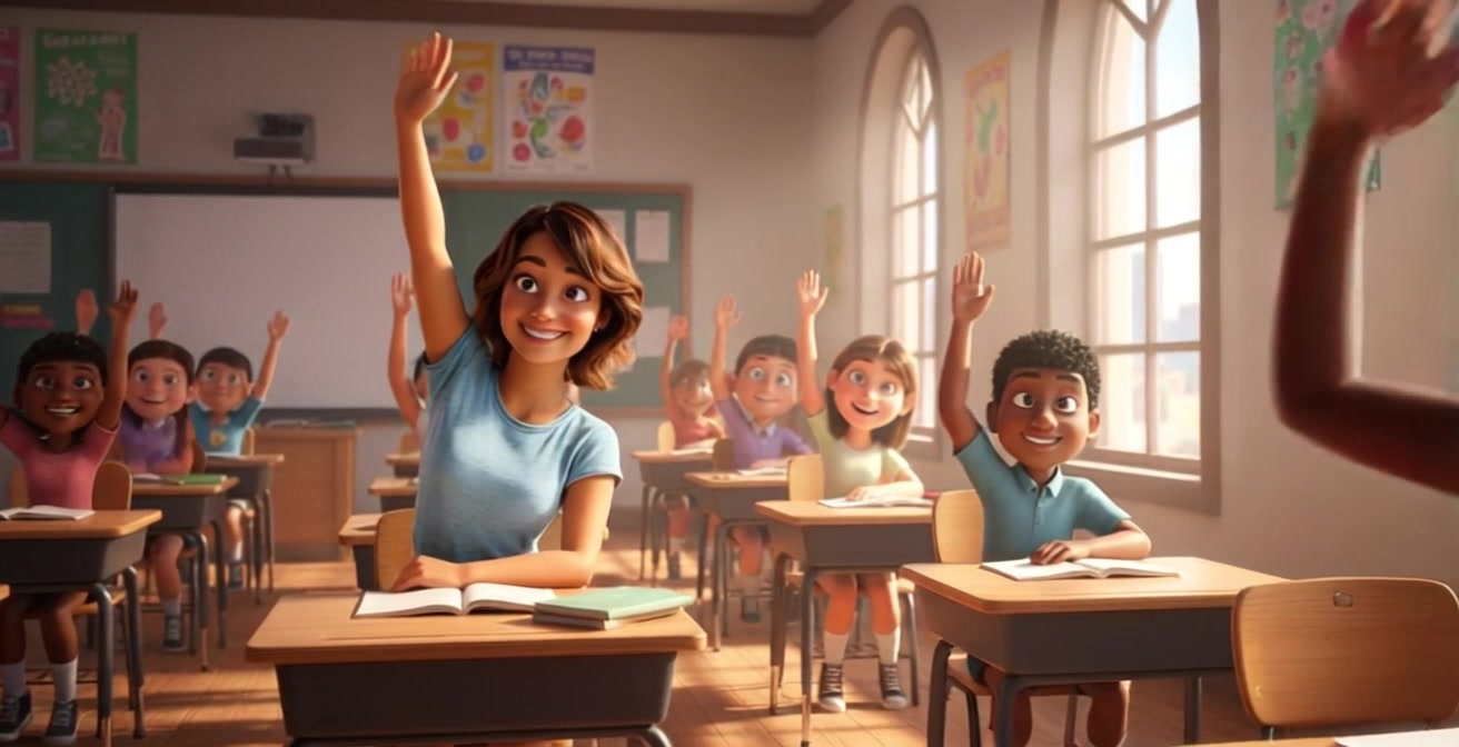 Scene: Animated classroom filled with a group of diverse children and a young woman, all eagerly raising their hands at their desks, smiling vibrantly in a sunlit room. Style: Bright, cheerful morning light flooding in through large windows, illuminating the students' faces. Motion: Camera performs a smooth pan across the classroom, capturing the excitement as each child raises their hand with enthusiasm, followed by a tighter focus on the young woman's encouraging expression.