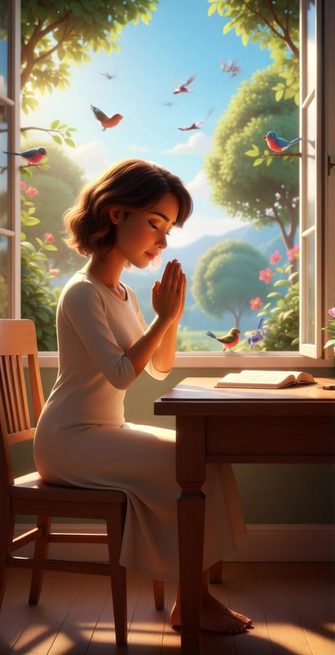 Subject: A young woman in a white dress sitting barefoot at a wooden table by an open window. Subject movement: She remains still, hands clasped in prayer, as colorful birds flit around the garden outside. Scene: Bright and peaceful garden scene overflowing with vibrant flowers and lush greenery, creating a serene atmosphere. Style: Soft morning light filtering through the window, creating gentle shadows. Motion: Camera slowly pushes in from the garden to the woman, capturing the play of light on her serene expression and the lively flutter of birds.
