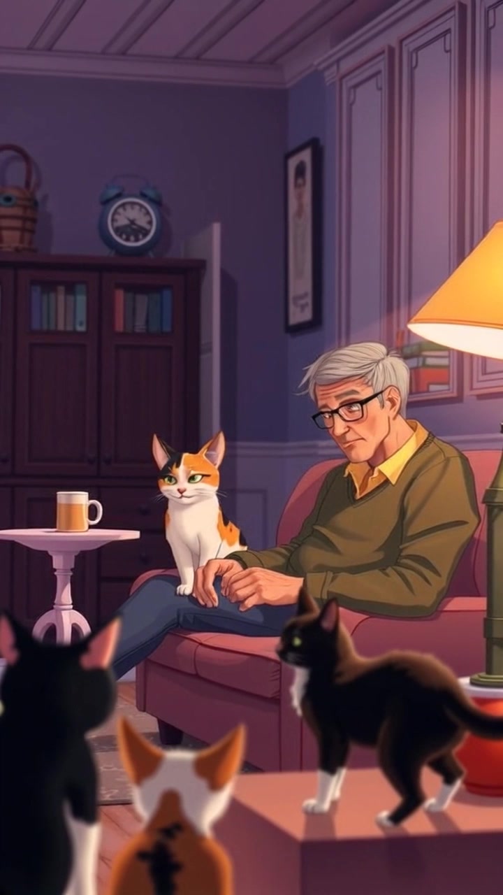 Scene: A cozy living room with soft, ambient lighting, featuring a person sitting on a couch, lost in thought while gazing at a mug of coffee in hand. Style: Warm, inviting light casts gentle shadows, creating a serene atmosphere. Motion: The camera starts with a close-up on the coffee mug, then slowly pushes out to reveal the entire living room, capturing the relaxed ambiance.
