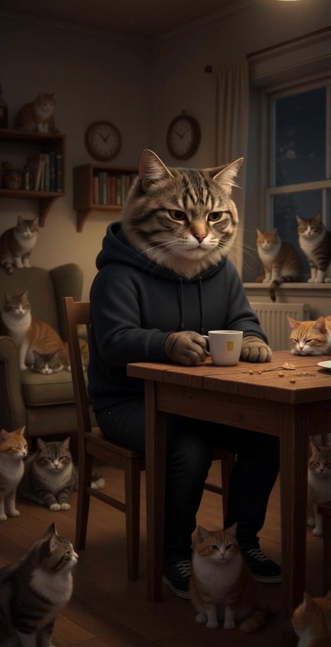 Subject: A humanoid cat in a dark hoodie sitting at a wooden table, sipping a cup of coffee. Subject movement: The cat takes a thoughtful pause, then lifts the cup to its lips, gazing around at the other domestic cats. Scene: A cozy, dimly lit room filled with various domestic cats, creating a warm and inviting atmosphere. Style: Soft, ambient lighting highlighting the rich wood textures and the comfort of the setting. Motion: The camera performs a slow, smooth push-in towards the humanoid cat, capturing its relaxed expressions and the serene environment.