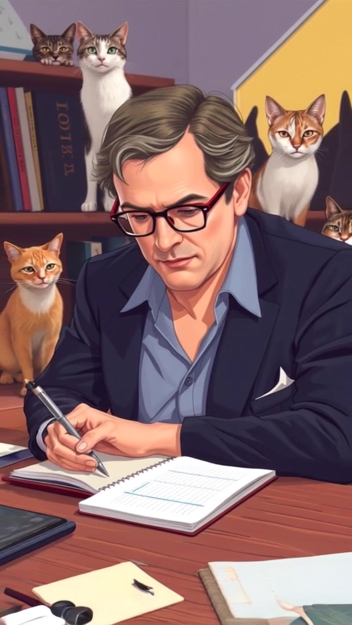 Scene: A contemplative figure seated at a cluttered desk, deep in thought over a notebook, pen poised. Style: Soft ambient lighting casts gentle shadows, creating an intimate atmosphere. Motion: The camera slowly pulls back to reveal the surrounding workspace, highlighting art supplies and scattered notes, creating a sense of focus and reflection.