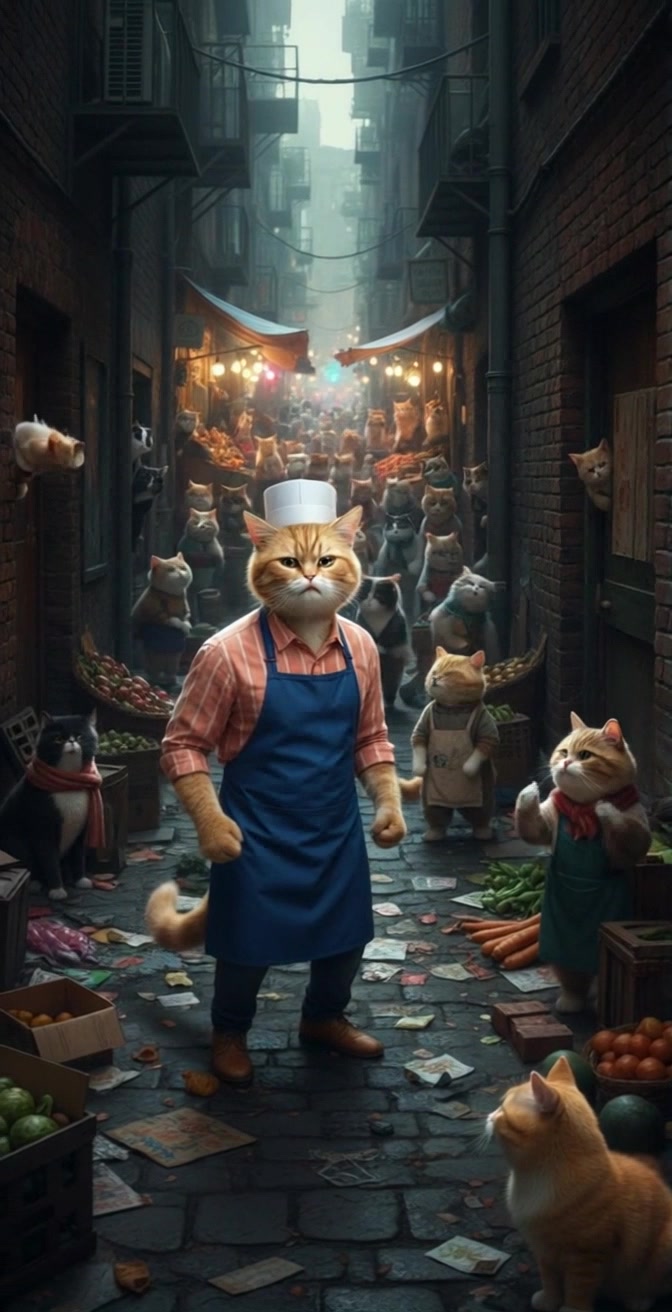 Scene: A lively, dimly lit alleyway bustling with anthropomorphic cats in market vendor attire, surrounded by charming brick buildings and illuminated by hanging lights. The orange tabby cat in a white chef hat and blue apron stands confidently at the forefront. Motion: A dynamic handheld camera pans through the crowd of vendor cats, capturing their animated interactions and playful gestures as they engage with customers. Lighting: Warm, ambient glow from the hanging lights creates a cozy, inviting atmosphere.