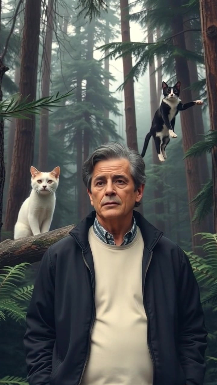 Subject: A worried individual standing in a dense forest. Scene: The character stands amid towering trees and lush underbrush, anxiety palpable in their posture. Motion: The camera slowly pushes in on the individual, capturing the intricate details of the foliage swaying gently in the wind, as dim sunlight filters through the branches, creating a suspenseful and intense atmosphere.