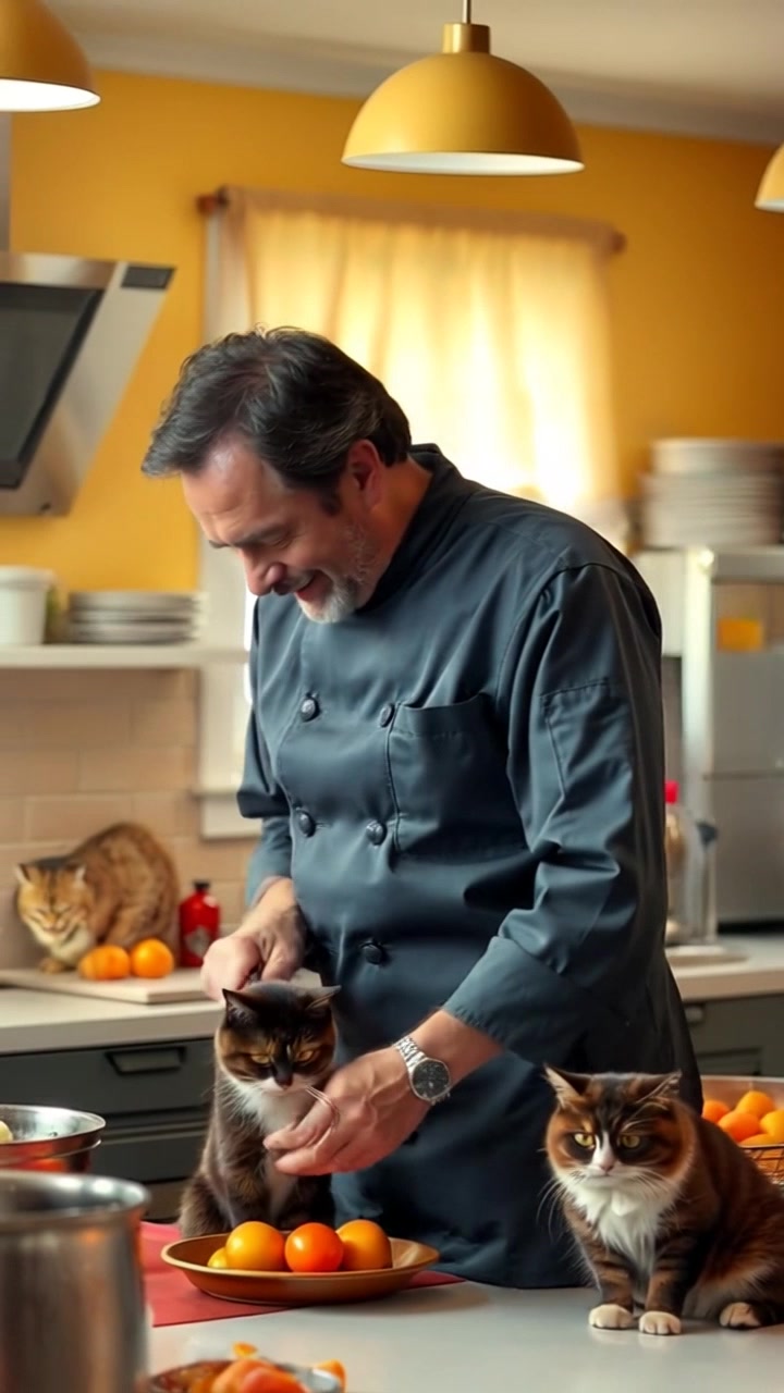 Subject: A chef diligently preparing ingredients in a bright kitchen. Subject movement: The chef skillfully slices vegetables on a cutting board, occasionally glancing at the ingredients beside him. Scene: A modern kitchen filled with vibrant colors and stainless steel appliances, sunlight streaming through the window. Style: Morning light casting a fresh, inviting glow in the space. Motion: Camera pushes in slowly to focus on the chef's hands as they work, then gently pulls back to reveal the full kitchen surroundings.
