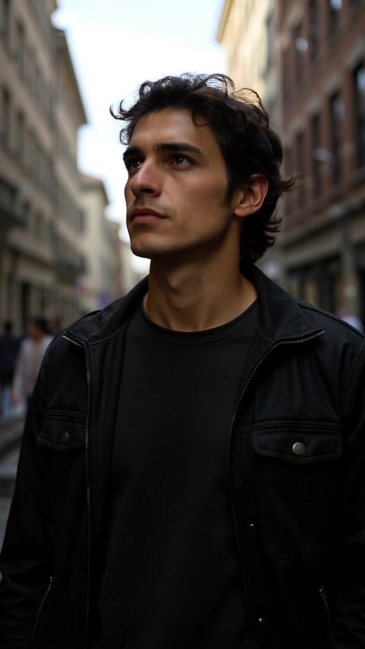 Subject: A thoughtful individual, gazing contemplatively. Scene: Close-up of a person's face, with a blurred city background casting a vibrant yet soft ambiance. Style: Evening light filtering through urban structures, creating a warm glow that highlights the subject's features. Motion: Camera gently pushes in closer to the face, capturing subtle shifts in expression as the city hums softly in the backdrop.