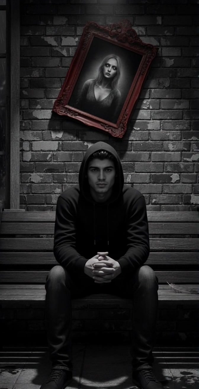 Scene: A young man dressed in a black hoodie sits on a wooden bench against a weathered brick wall, dimly lit, with a tilted portrait of a pale woman hanging above. Style: Moody lighting amplifying the eerie atmosphere, shadows dancing softly around the subject. Motion: The camera slowly pushes in towards the man, capturing the tension in his posture, while the background subtly fades into soft focus, enhancing the unsettling feeling.