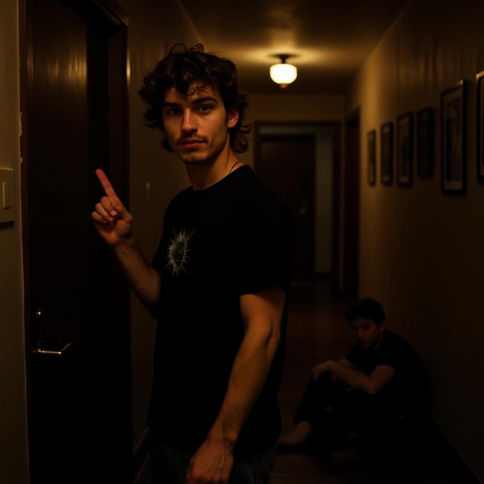 Subject: A young man with curly dark hair wearing a black shirt. Subject movement: He is standing confidently, pointing toward a door with a determined expression. Scene: A dimly lit hallway, shadows creeping along the walls, with another figure partially obscured on the floor in the background. Style: Low-key lighting enhances the mysterious atmosphere, creating dramatic contrasts. Motion: Camera pushes in smoothly towards the young man, capturing the intensity of his gesture as the shadows shift around him.