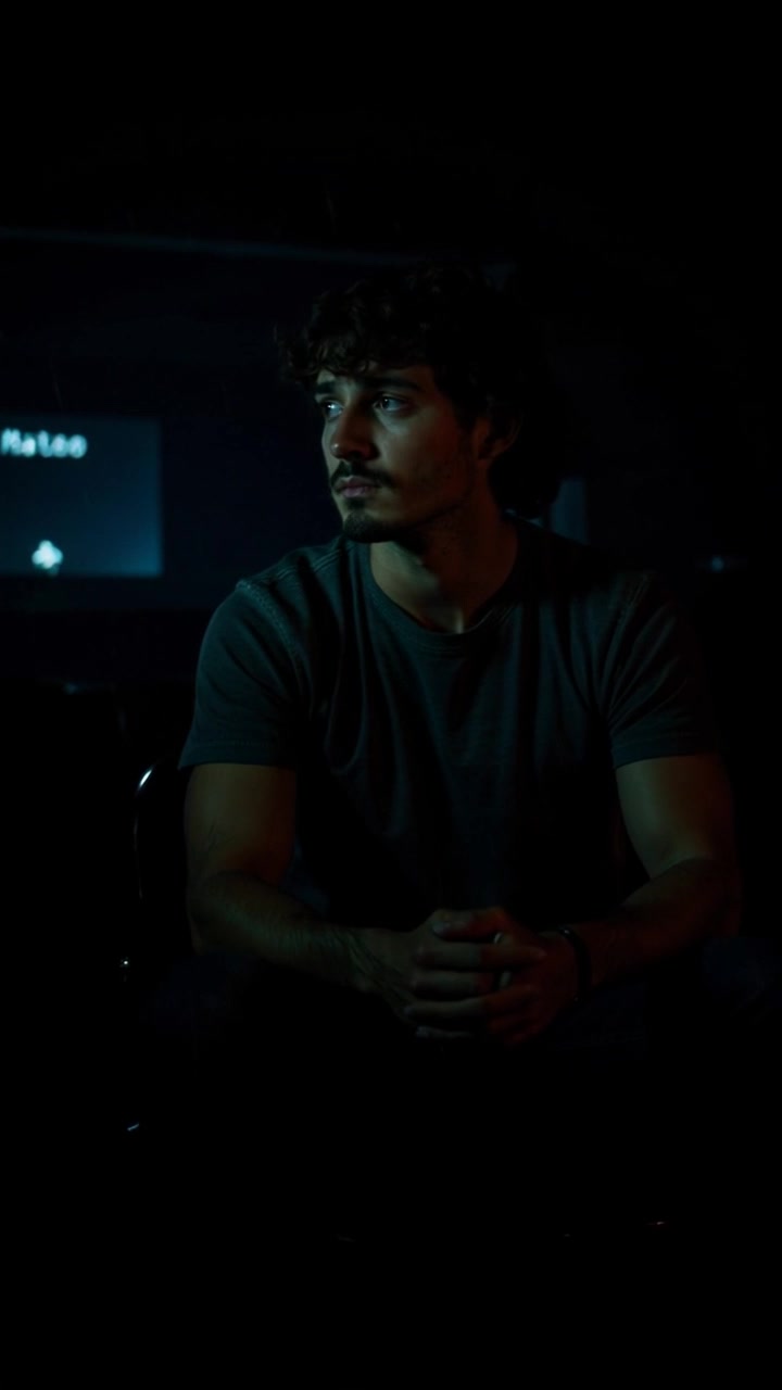 Subject: A young man with curly hair and a mustache sitting contemplatively. Subject movement: He shifts slightly, looking off to the side as if lost in thought. Scene: Dark setting with moody lighting, a faint glow illuminating his features from the side, the name 'Mateo' subtly visible in the background. Motion: A slow zoom-in on the young man's face, enhancing the emotional depth, with the ambient light creating soft shadows. The atmosphere is introspective, with a hint of mystery.