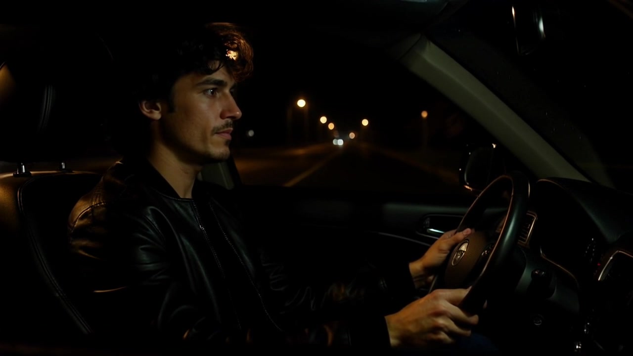 Subject: A young man with dark curly hair and a trimmed beard driving a car. Subject movement: He steers intently, his focus fixed on the road ahead. Scene: Inside a car at night, the ambiance is heightened by soft streetlight beams filtering through the windows. Style: Dim lighting creates a moody atmosphere, emphasizing the contrast between the warm glow of the streetlights and the cool darkness inside the vehicle. Motion: The camera features a close-up of the driver while gradually pulling back to reveal the moving scenery outside, blurring past in a cinematic manner.