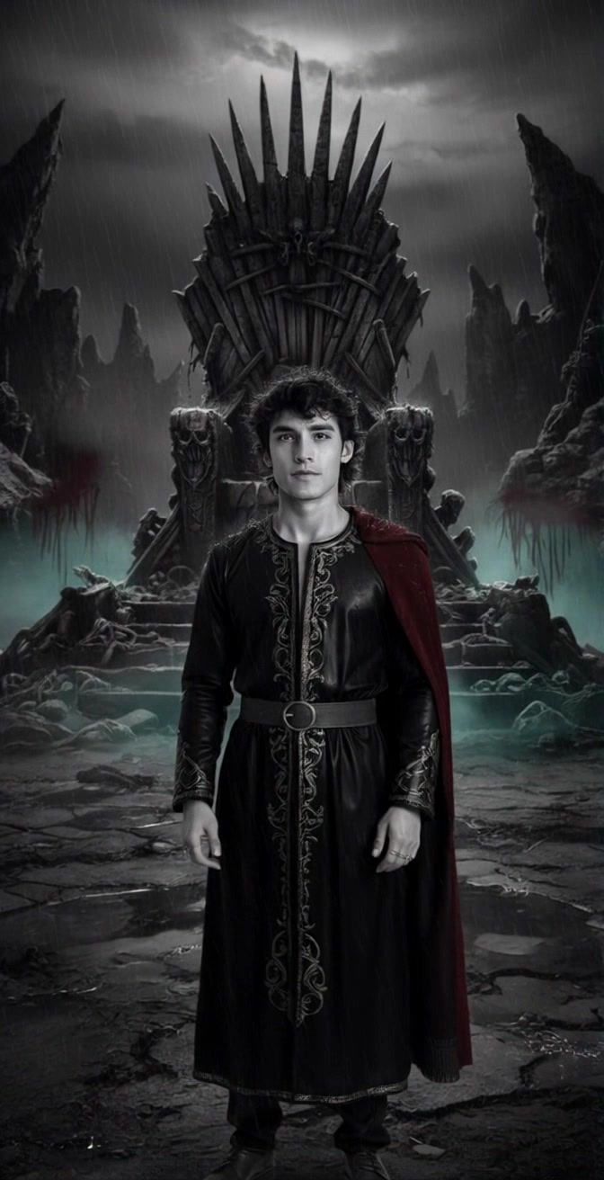 Subject: A young man dressed in a detailed black robe with a red cloak stands solemnly. Scene: Dark, ominous throne made of swords, set in a rainy, rocky landscape with skeletal remains and eerie fog surrounding him. Style: Soft ambient light filtered through the rain, creating a haunting atmosphere. Motion: The camera slowly pushes in, capturing the young man's contemplative expression as the surrounding fog swirls dramatically around the throne, highlighting the sinister beauty of the scene.