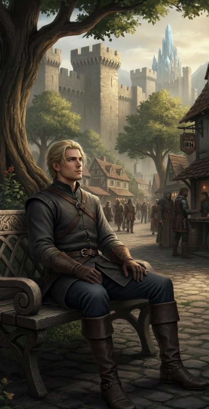 Scene: A blond young man in medieval attire sitting thoughtfully on a stone bench under a large tree, with a bustling medieval town and castle walls in the background on a calm day. Style: Soft ambient light filtering through the tree's leaves, creating dappled shadows on the ground. Motion: The camera slowly pushes in towards the young man, capturing the detail of his contemplative expression while the lively town scene softly blurs in the background.