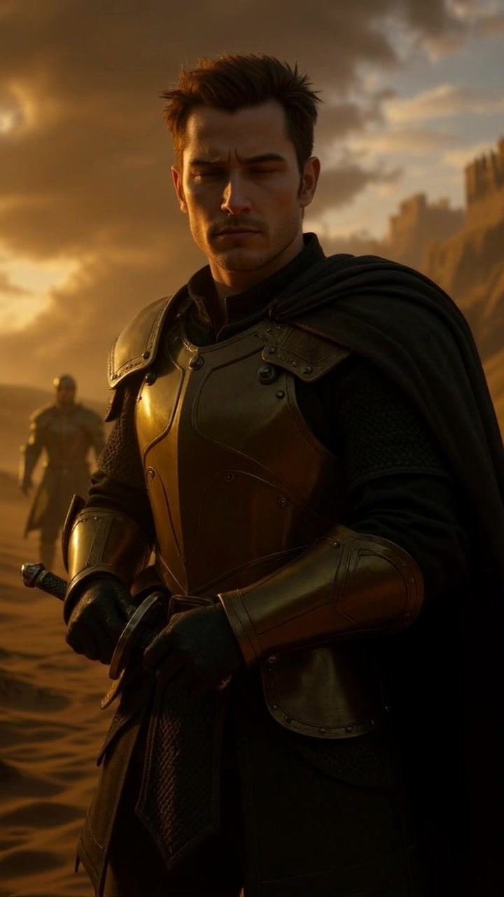 Subject: A serious young man clad in dark medieval armor with a cloak, holding a sword. Subject movement: The young man stands resolutely in the desert-like setting, the fabric of his cloak gently swaying in the breeze. Scene: A sunset-drenched desert landscape, with shifting colors casting warm hues across the rugged terrain, while a blurred figure appears near a castle wall in the background. Style: Soft, warm sunset lighting enhances the atmosphere, casting long shadows and giving the scene a dramatic feel. Motion: Camera starts with a close-up on the young man's determined expression, then slowly pulls back to reveal the expansive desert and the distant castle, creating a sense of scale and tension.